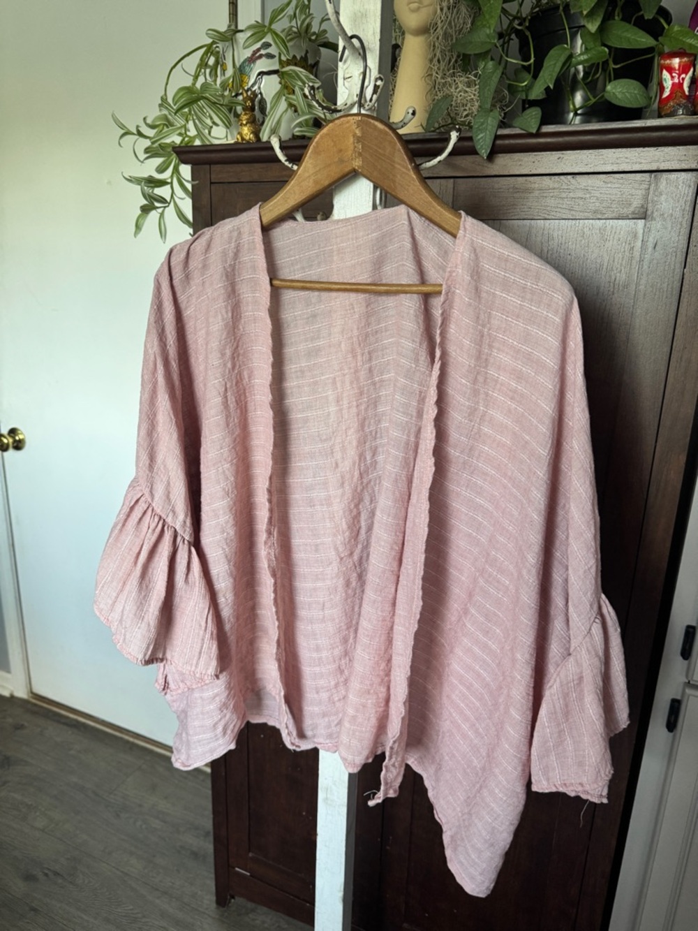 Light Pink Open Front Ruffled Sleeve Kimono